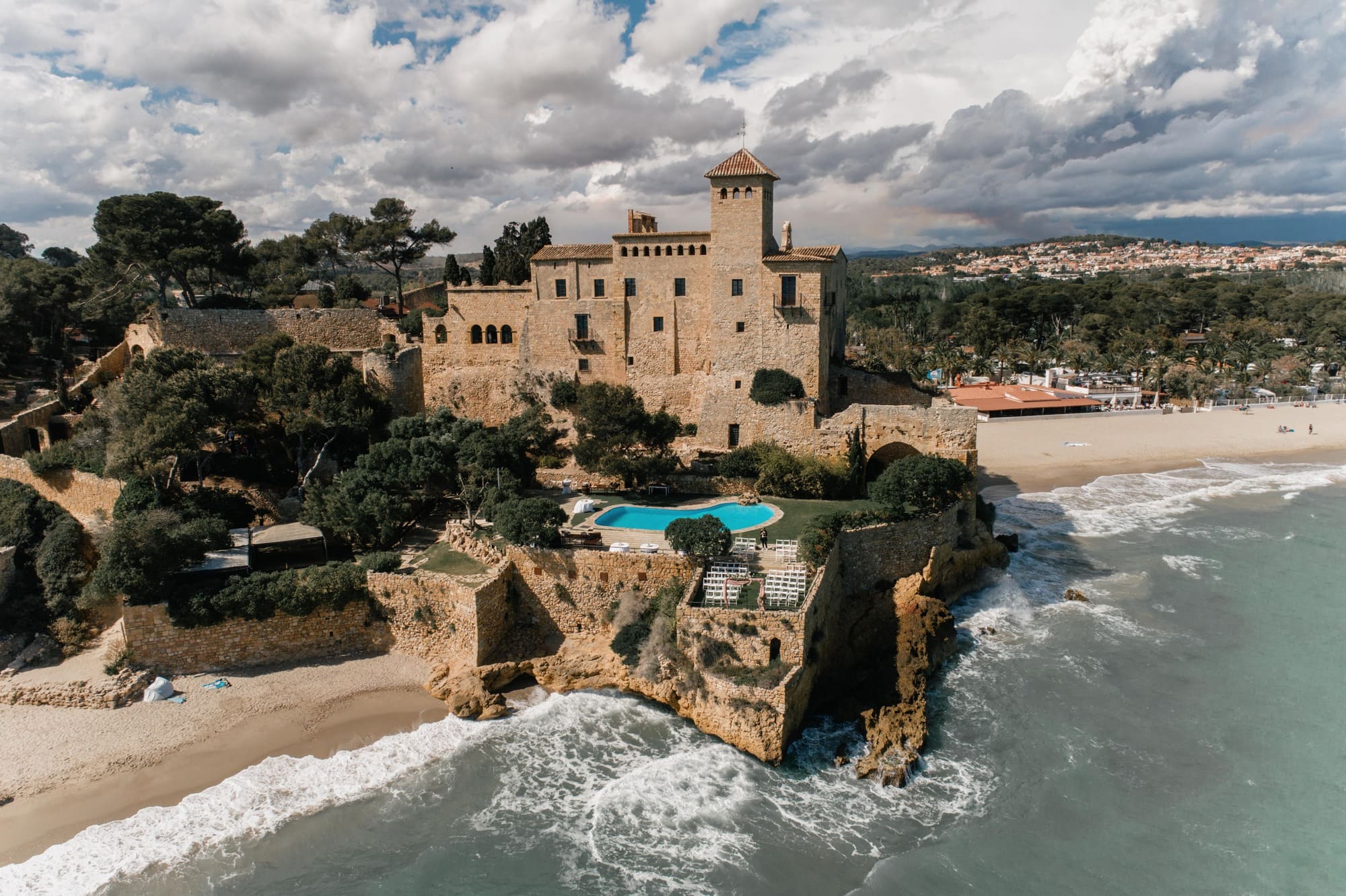Aerial view of the castle, beach and sea