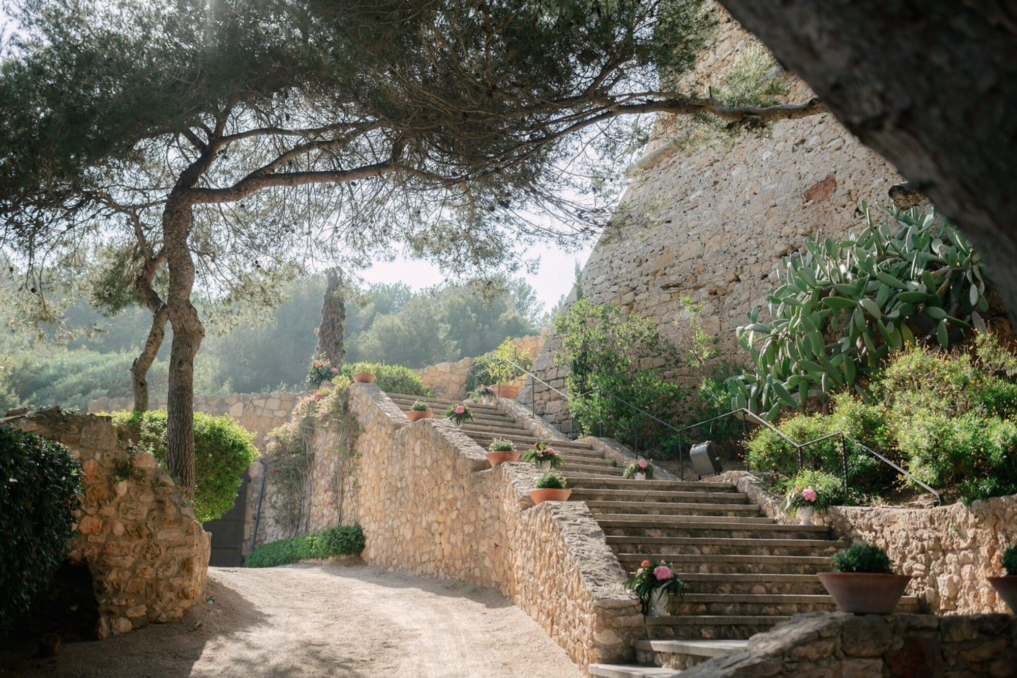 Flower-lined stone stairway at the castle